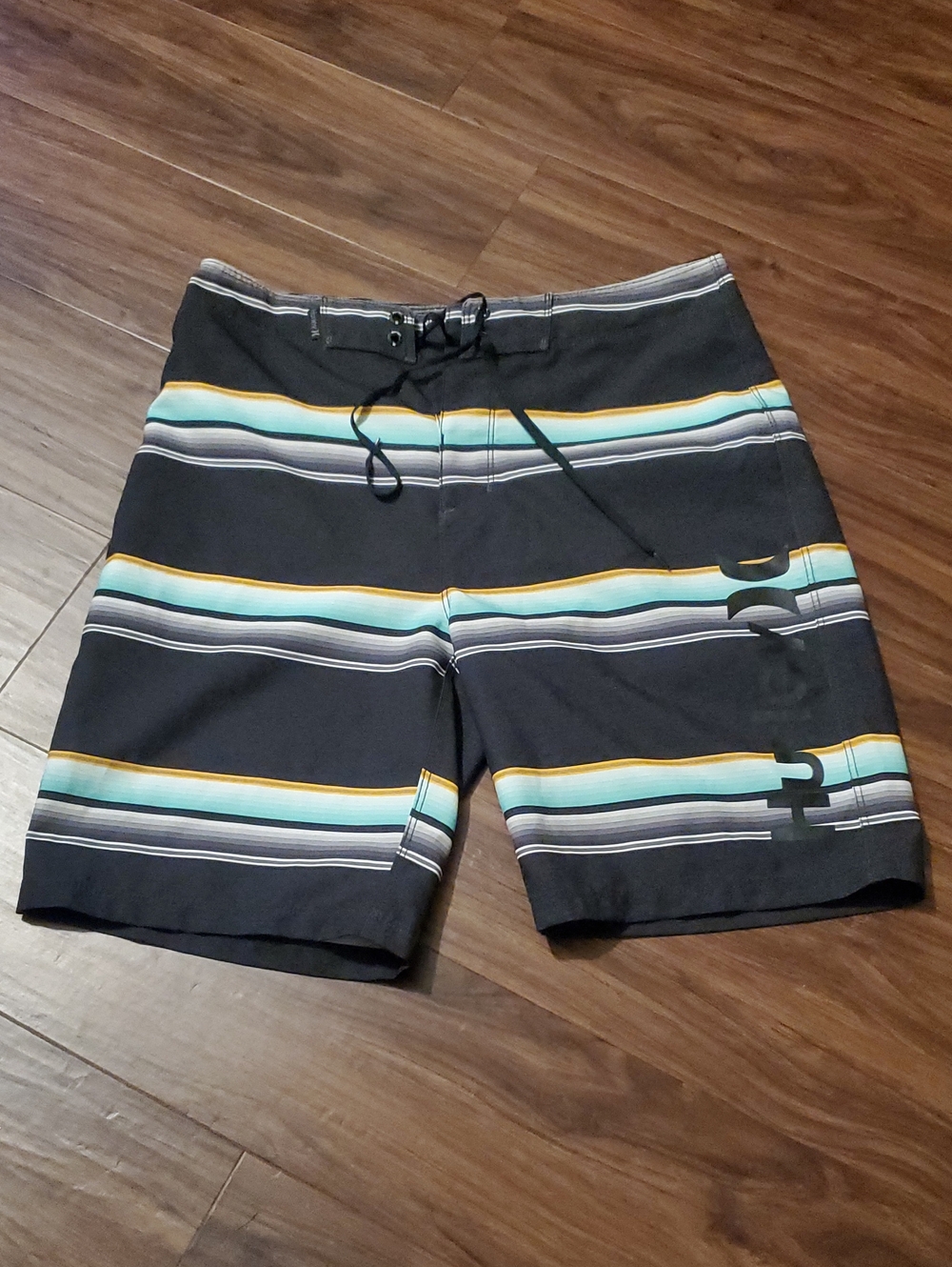Hurley Black Boardshorts with Teal and Yellow Stripes And Back Pocket